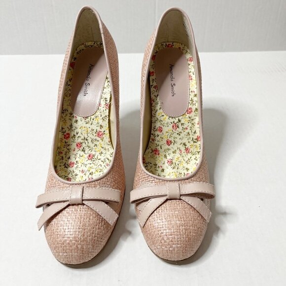 Amanda Smith Women's Belle High Heels Size 8M Pink Raffia Bow Straw Tweed Pumps - Picture 4 of 12